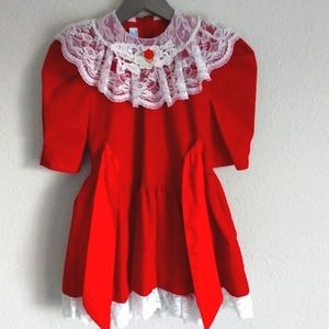 VINTAGE Velvet Dress-Little Girls Size 6-Lace Trim-Bows-Red-Sarah Too Sarah Kent